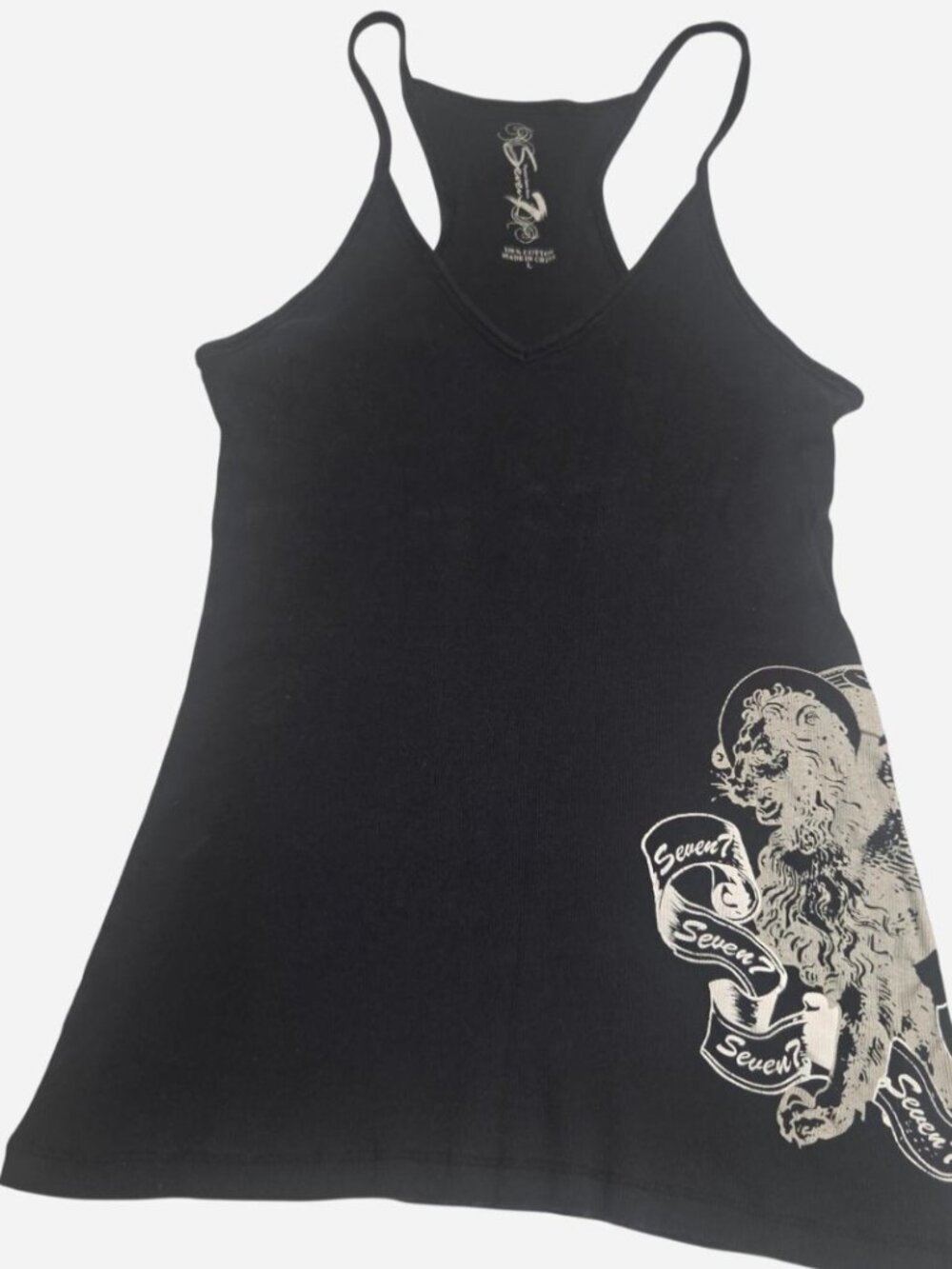 Seven7 Womens Navy Blue Ribbed V-Neck Spaghetti Tank Lion Design Print sz L Y2k
